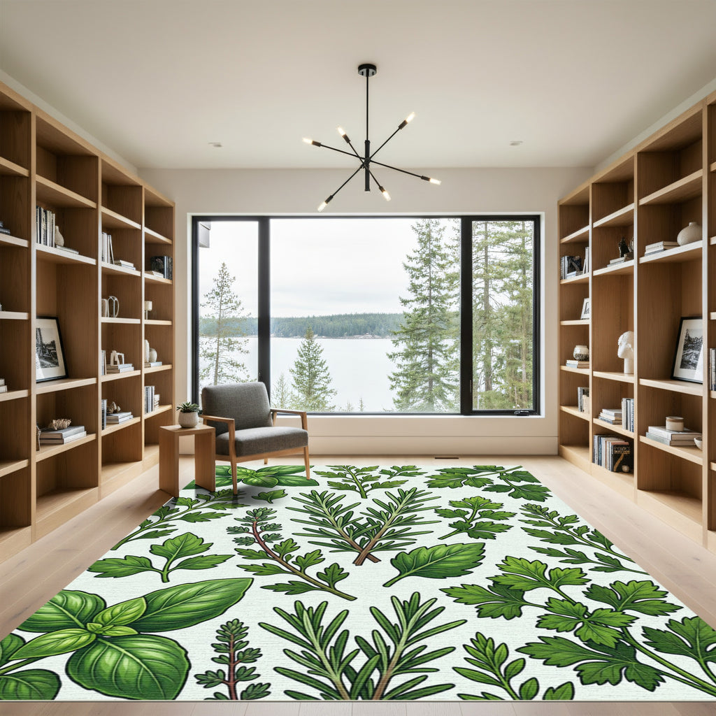 Lush Green Culinary Herb Botanical Illustration Rug