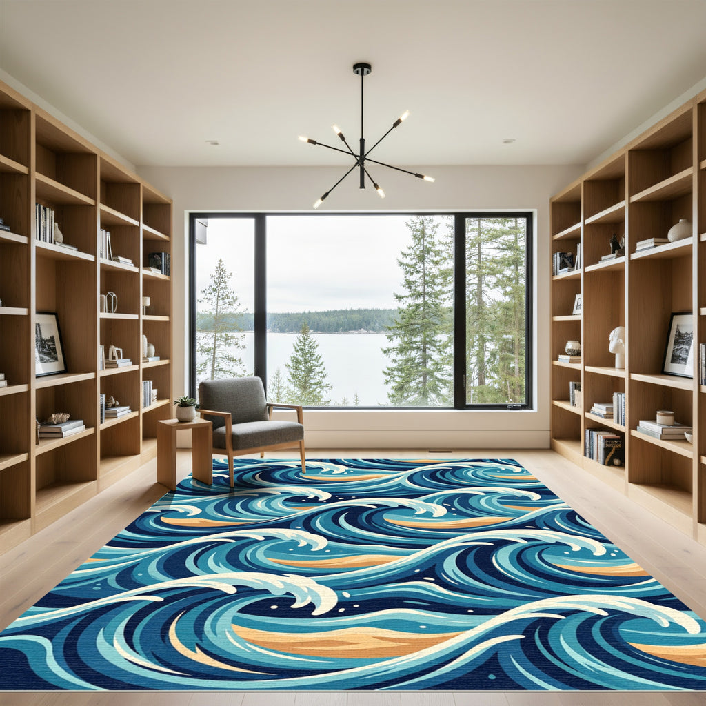 Japanese Ocean Blue Curving Wave Art Rug