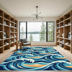 Japanese Ocean Blue Curving Wave Art Rug