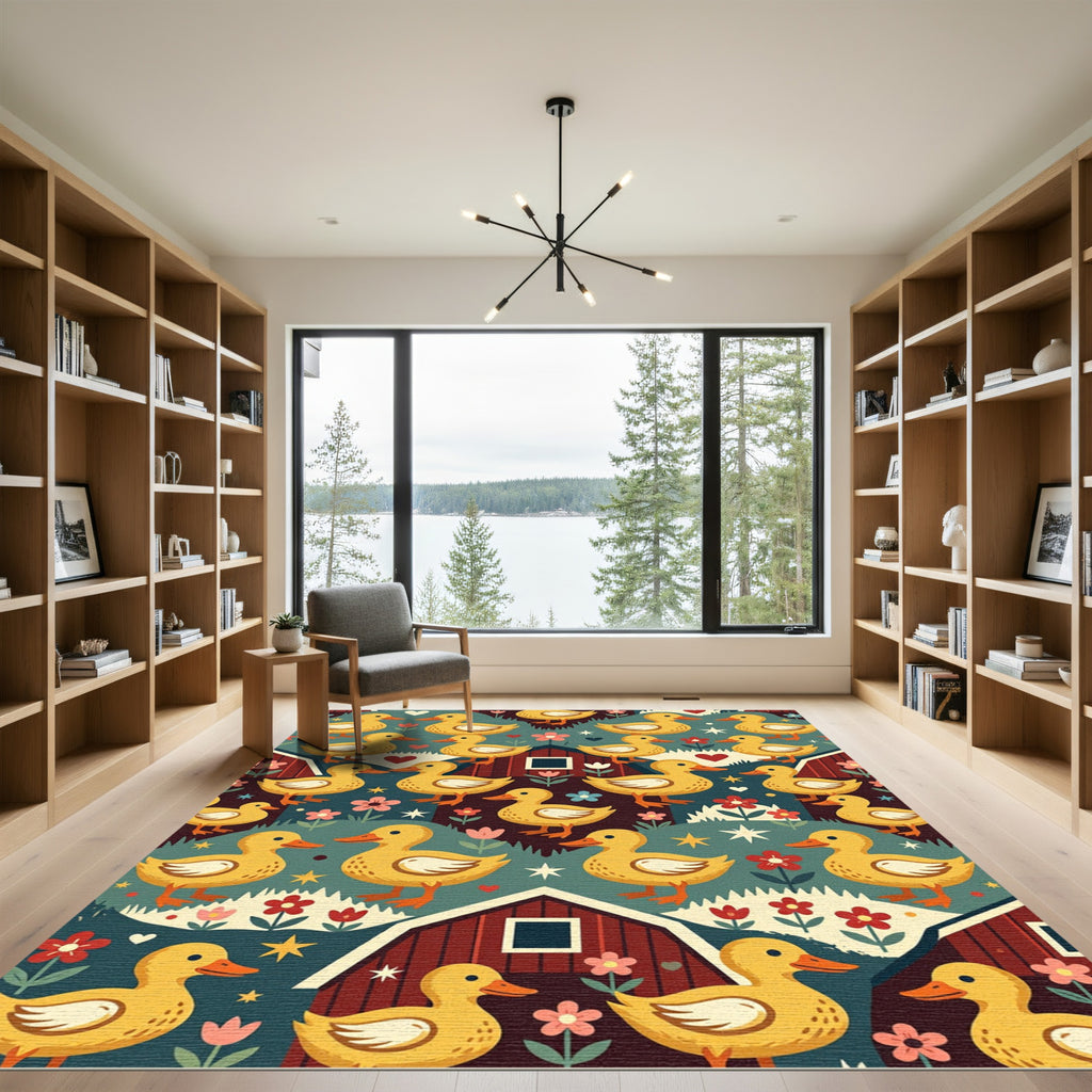 Whimsical Yellow Duck Folk Farmhouse Area Rug