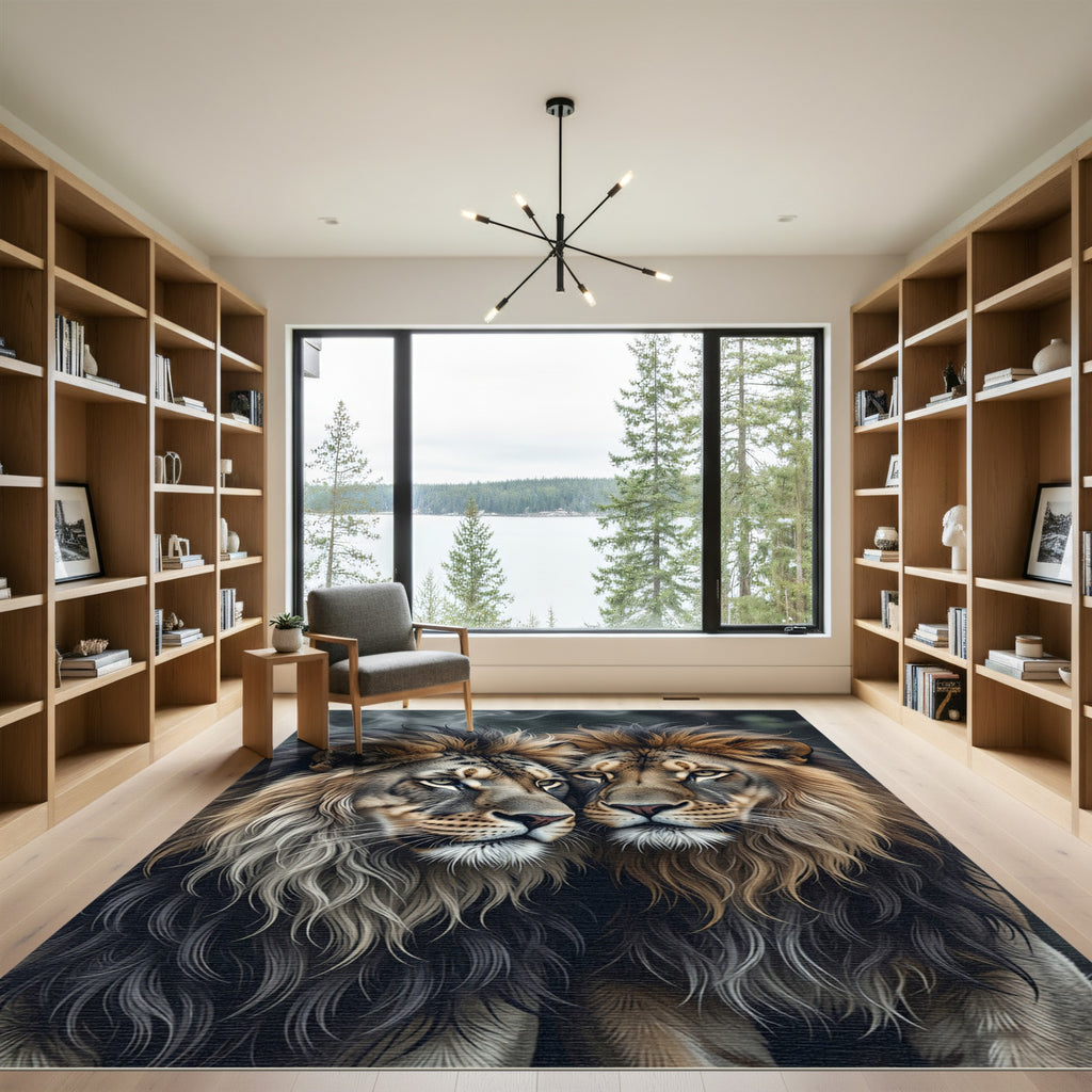 Majestic Golden Dual Lion Portrait Rug