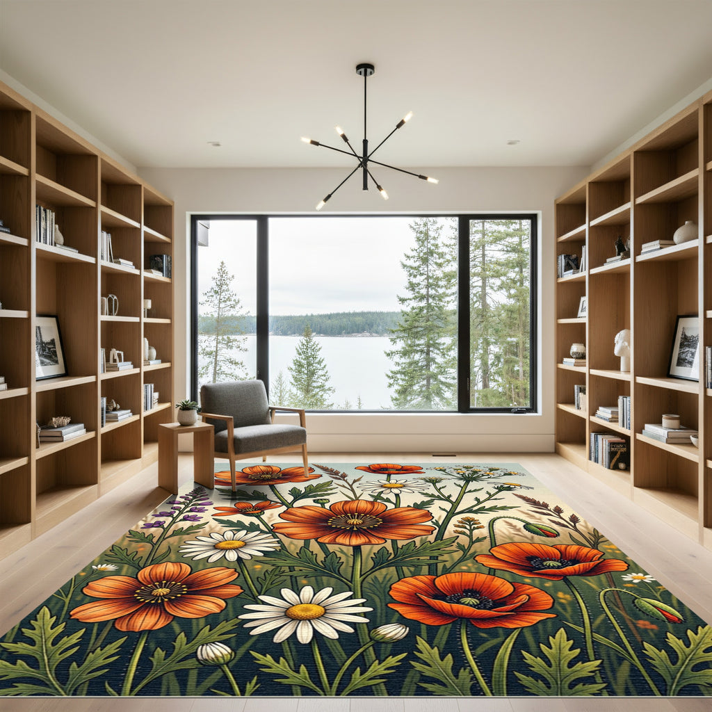 Orange Poppy Daisy Field Meadow Rug