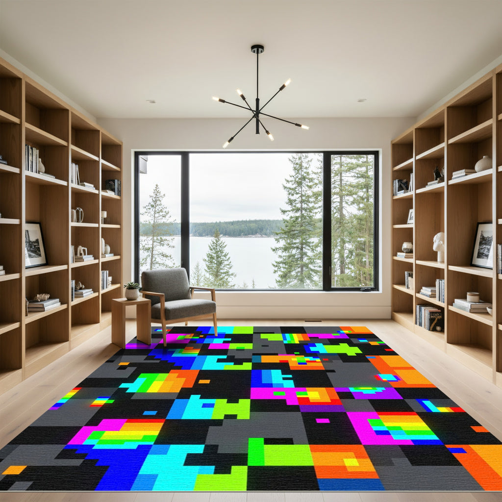 Vibrant Neon Pixelated Abstract Grid Rug
