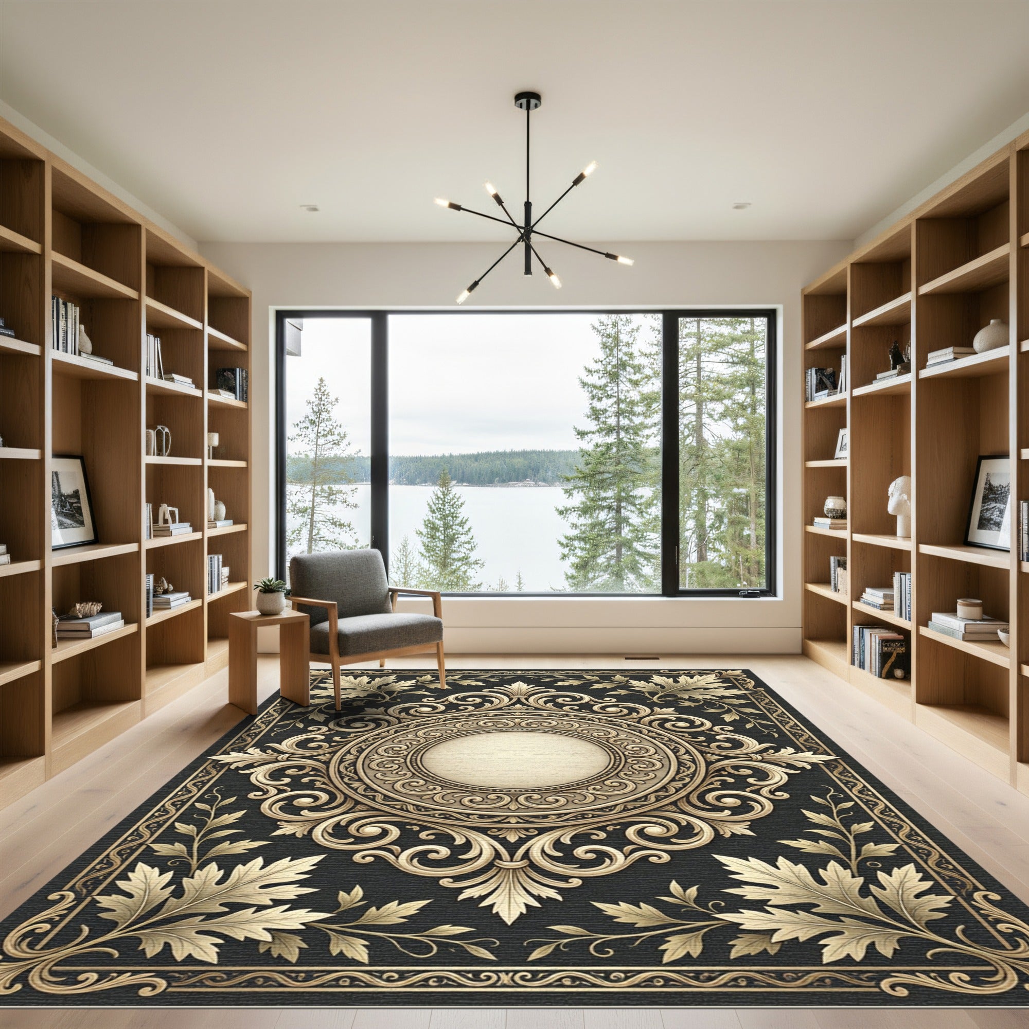 Ornate Gold Leaf Scrollwork Centerpiece Rug