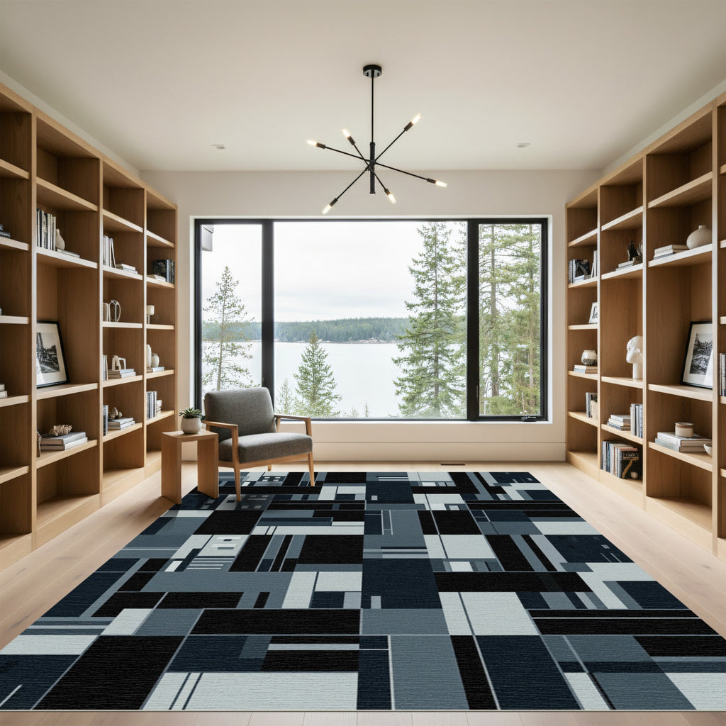 Monochrome Geometric Cityscape Abstract Rug