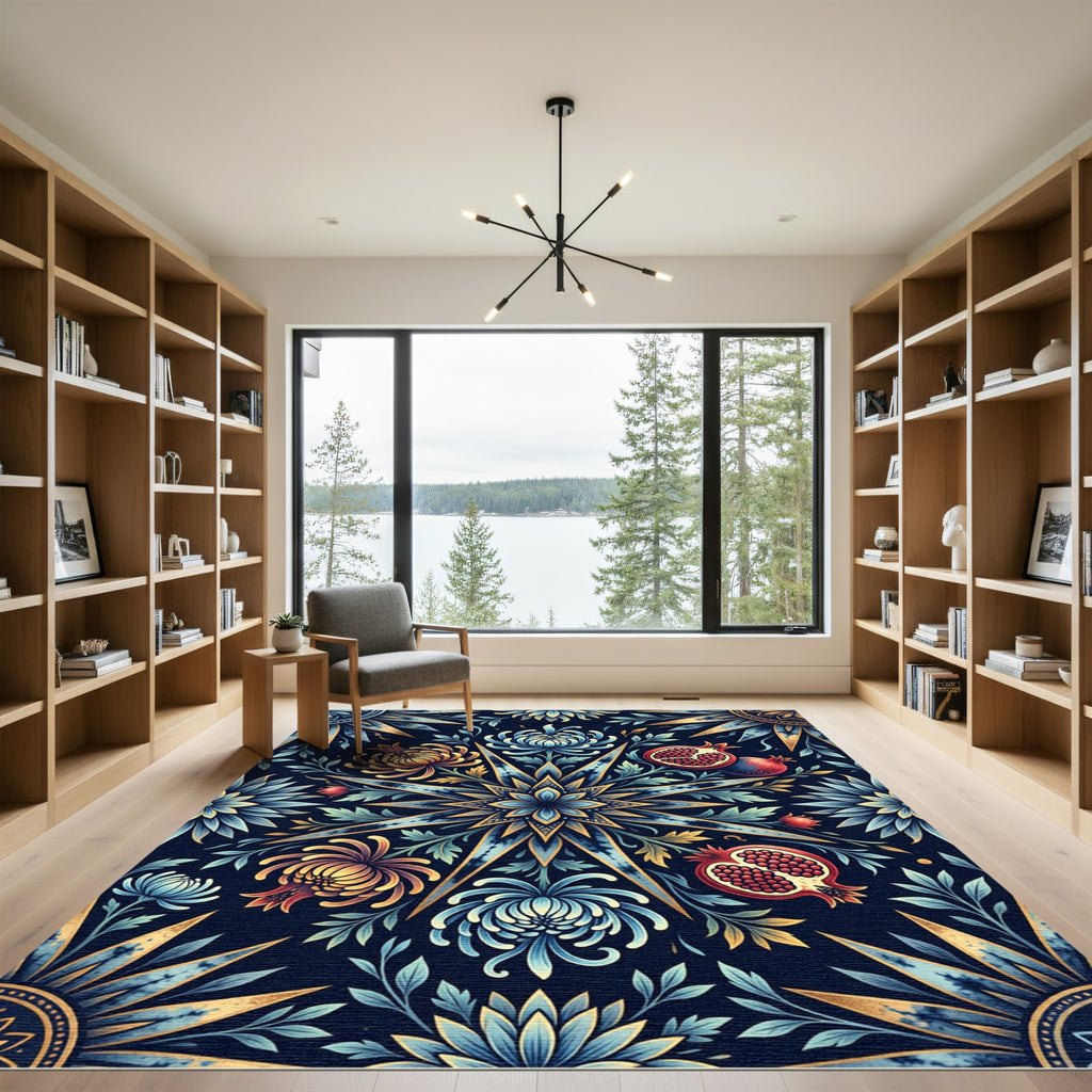 Midnight Blue Floral Pomegranate Sunburst Rug
