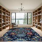 Midnight Blue Floral Pomegranate Sunburst Rug