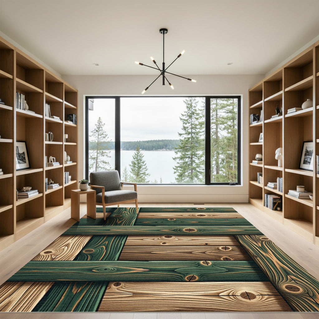Rustic Green and Tan Wood Plank Rug