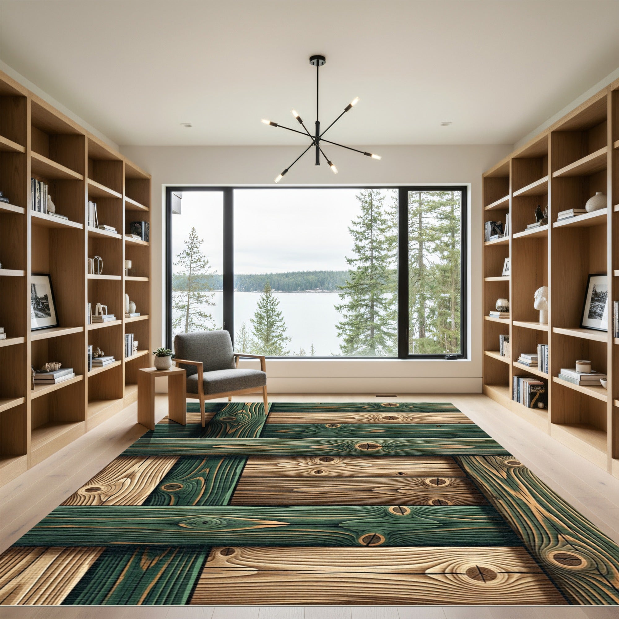 Rustic Green and Tan Wood Plank Rug