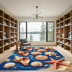 Coastal Seashells on Deep Ocean Blue Rug