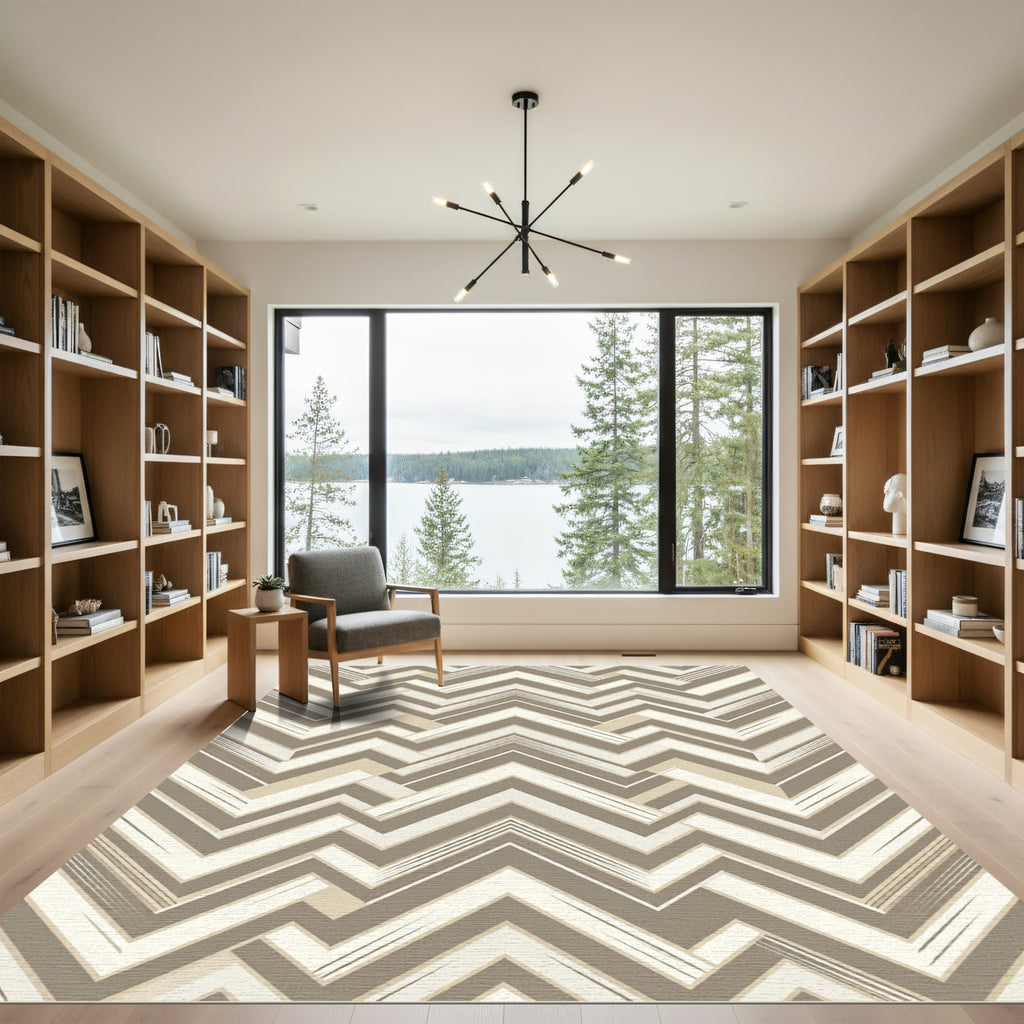 Neutral Beige Chevron Zigzag Geometric Rug