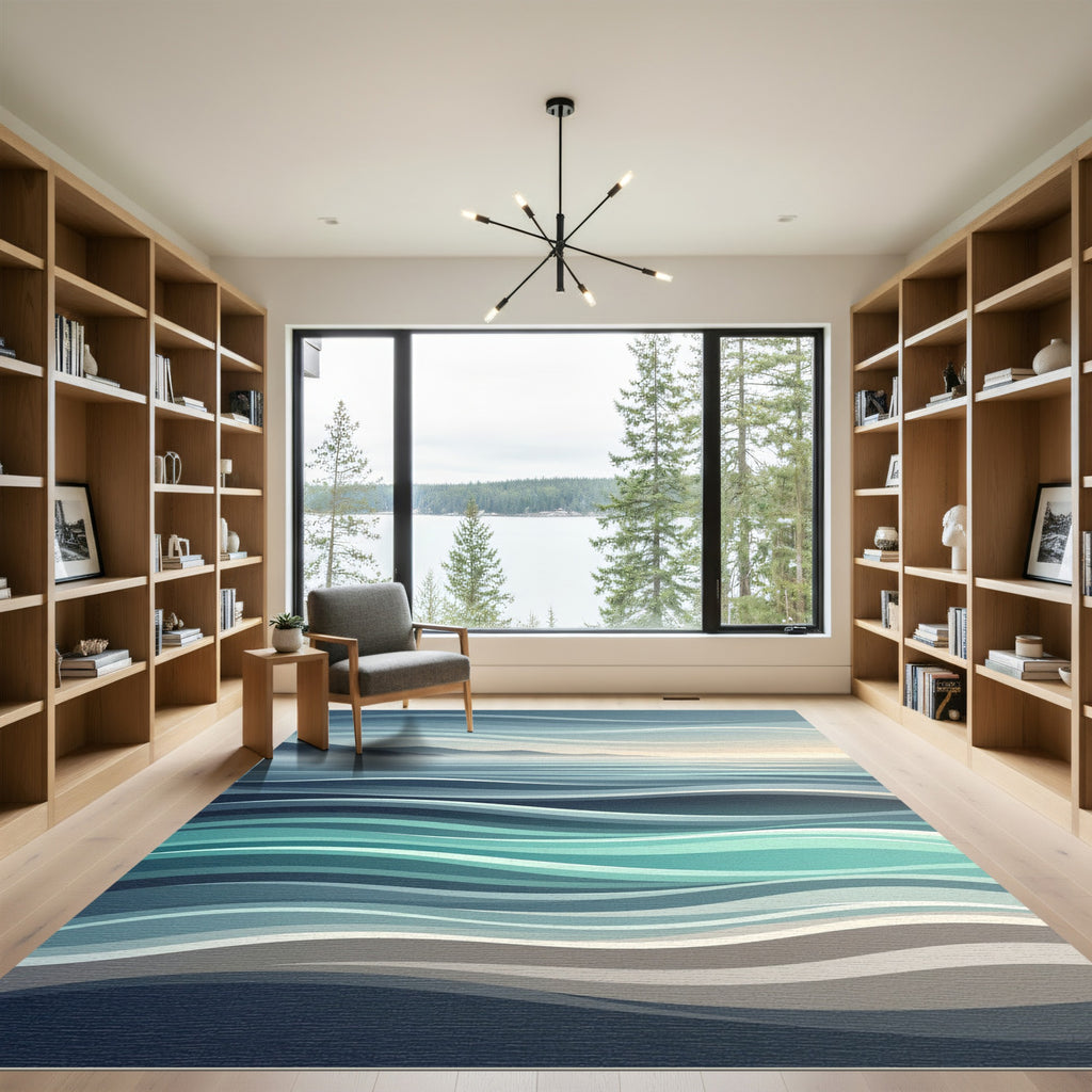 Serene Blue Coastal Wave Horizon Rug