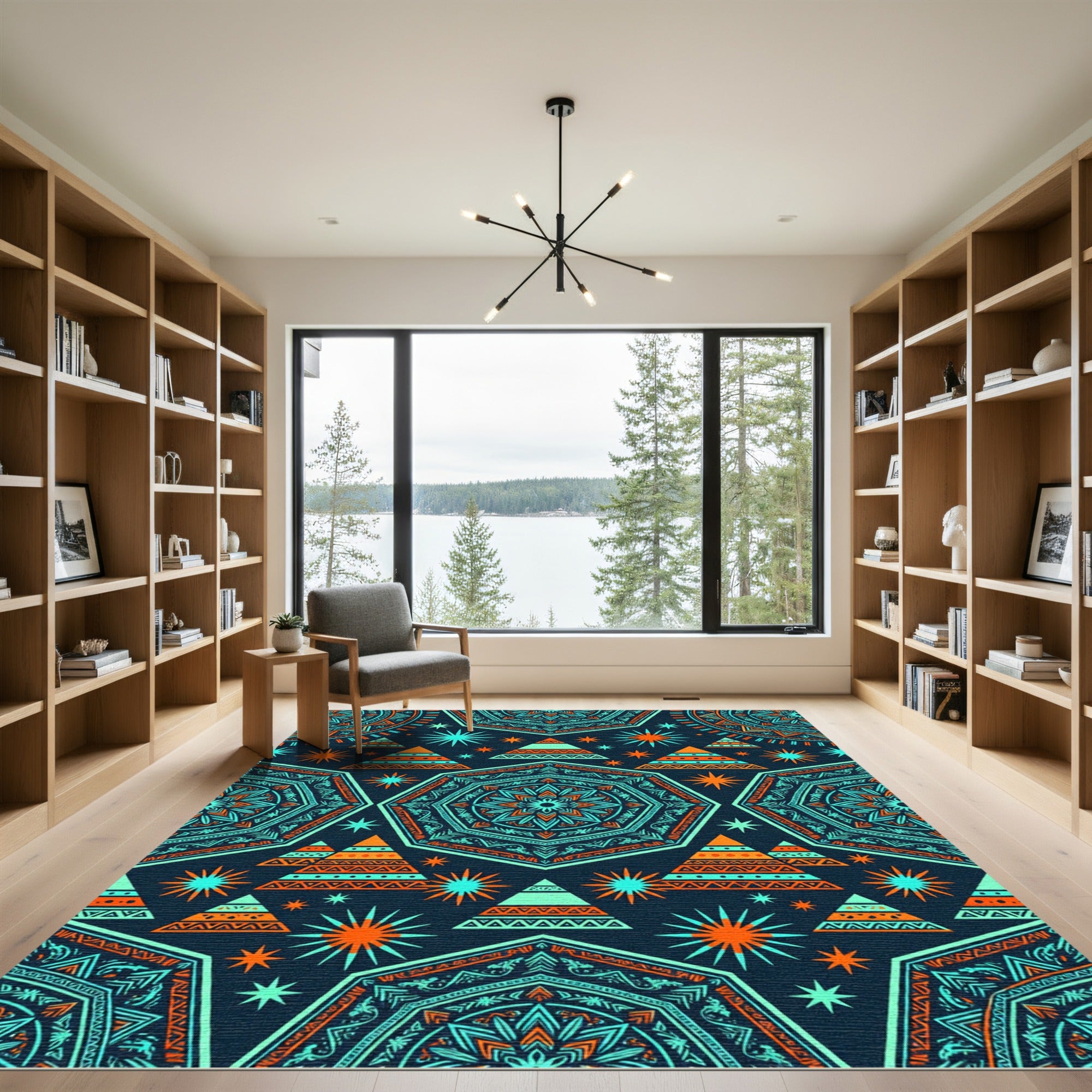 Vibrant Teal and Orange Geometric Boho Starry Hexagon Rug