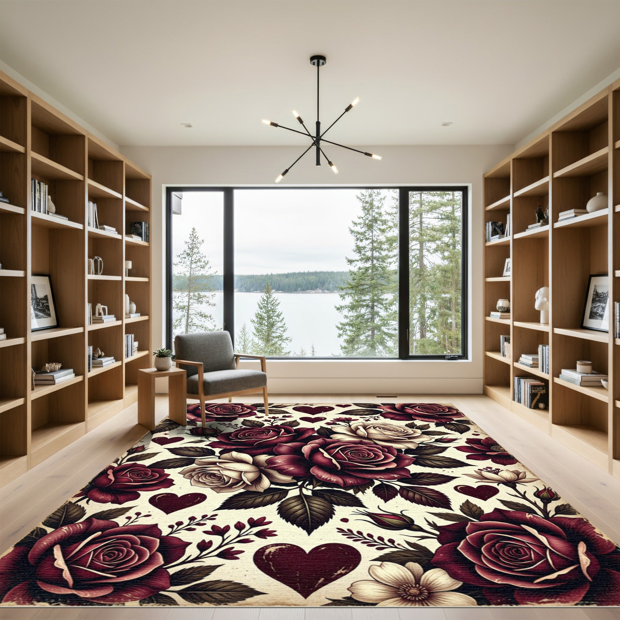 Romantic Crimson Rose and Heart Bouquet Rug