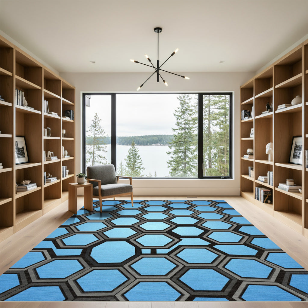 Azure Geometric Hexagon Honeycomb Rug