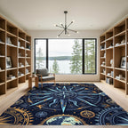 Celestial Compass Blue Gold Nautical Medallion Rug