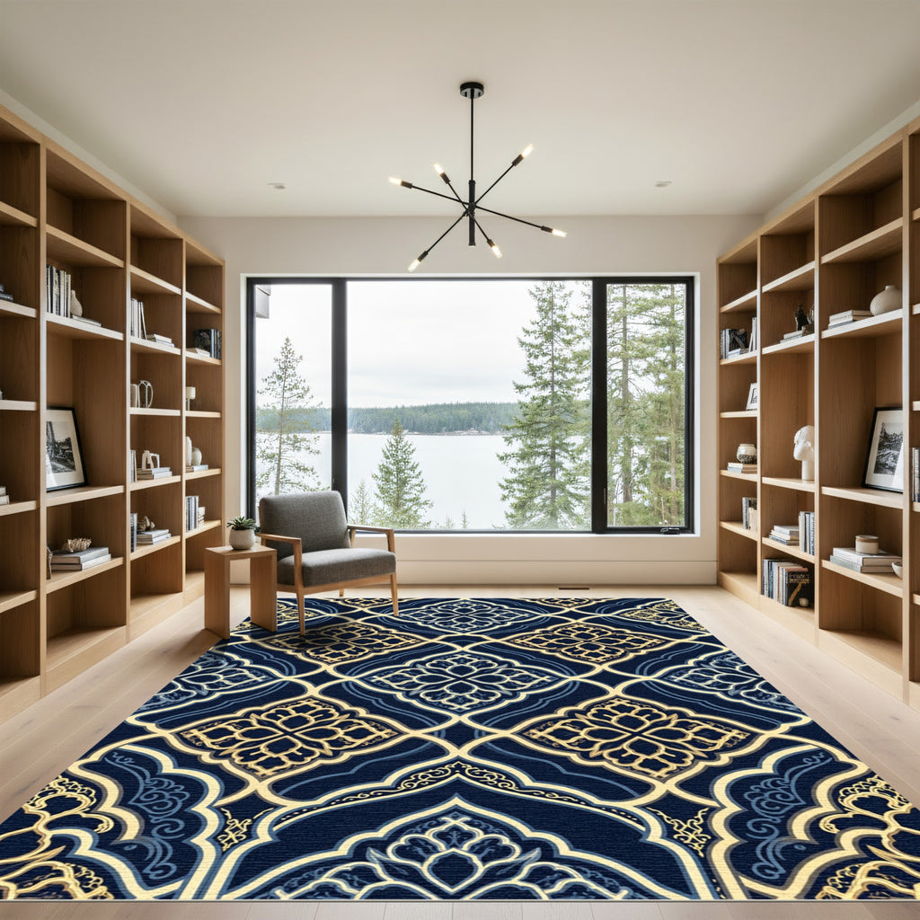 Midnight Navy Gold Ornate Damask Rug