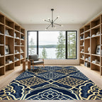 Midnight Navy Gold Ornate Damask Rug