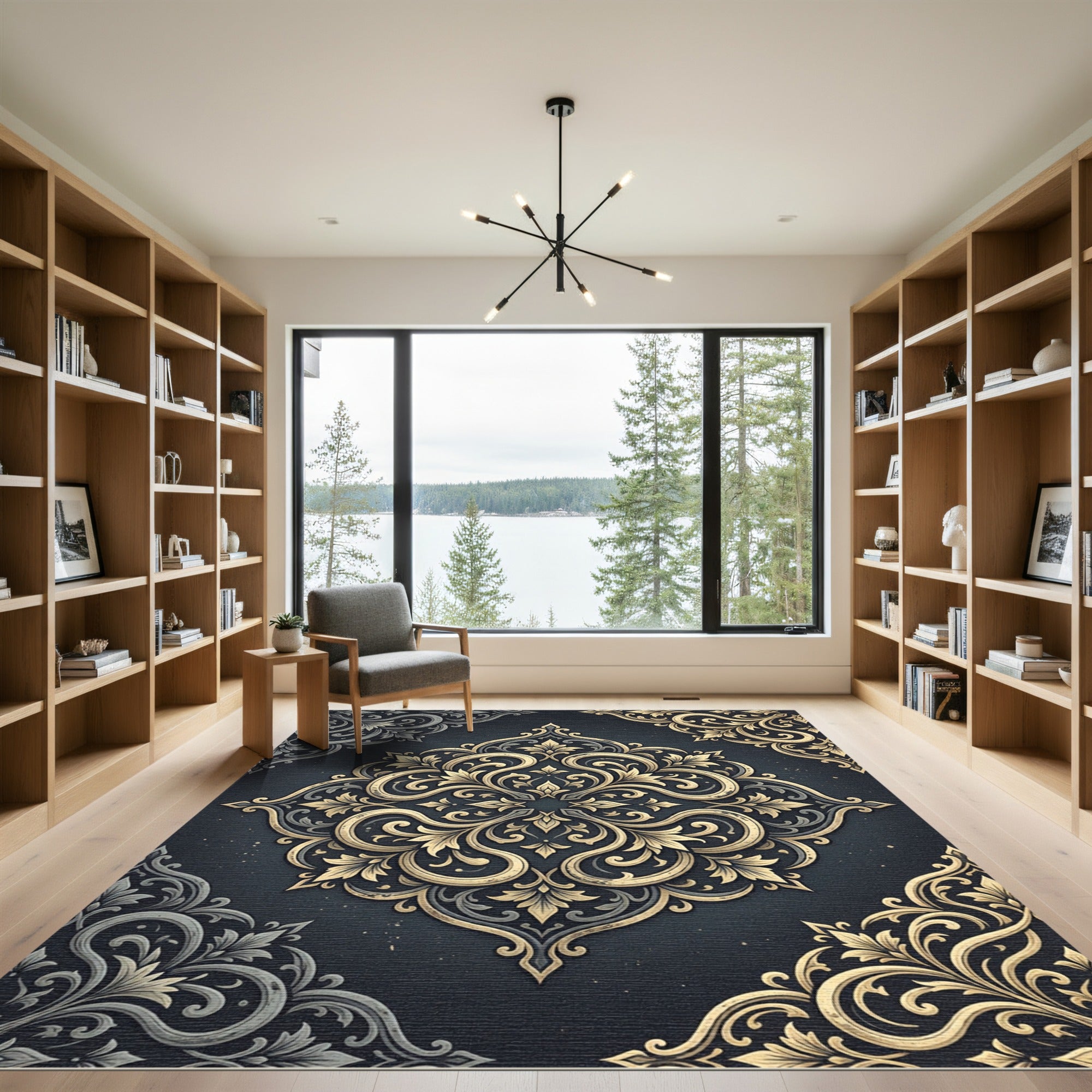 Elegant Gold Damask Charcoal Medallion Rug