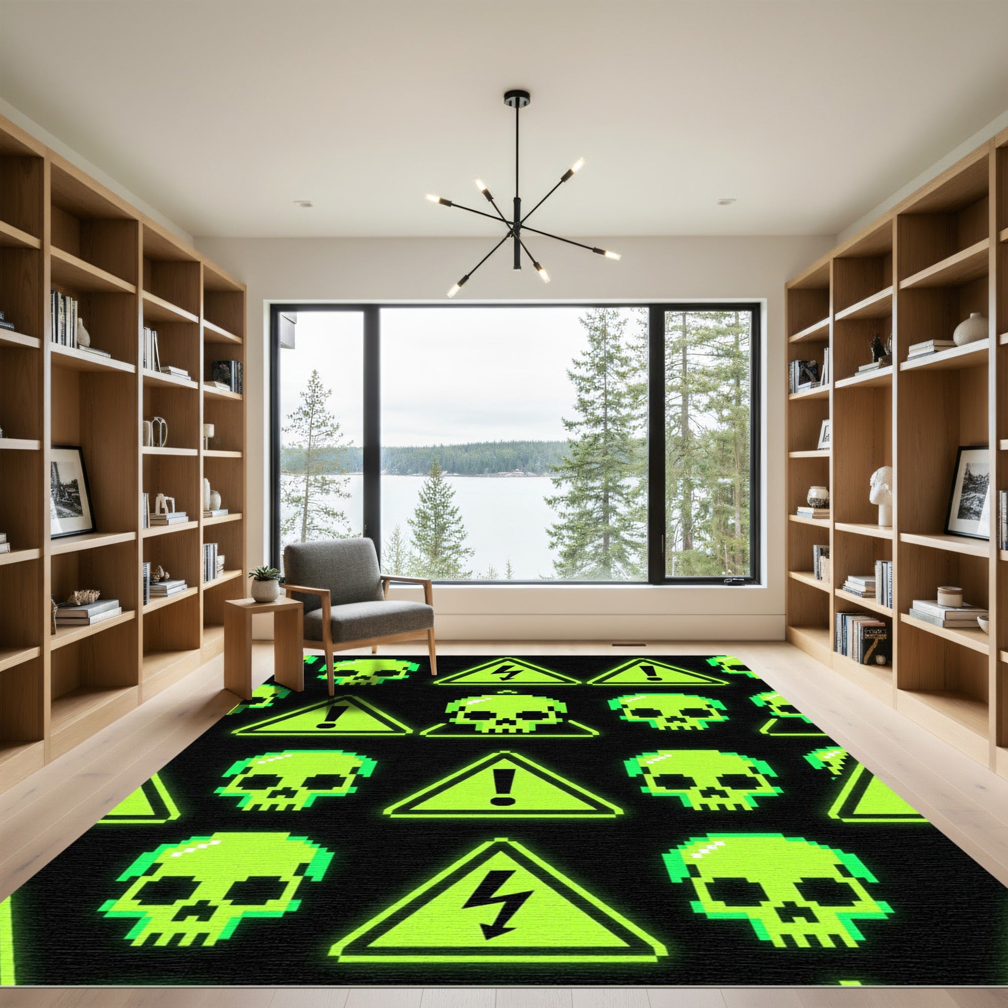 Toxic Neon Skull Retro Pixel Grid Rug