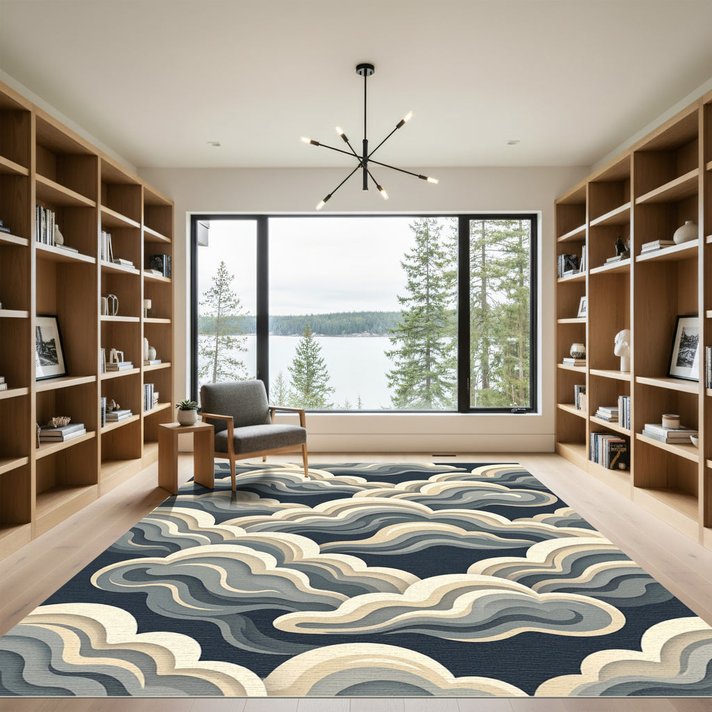 Elegant Layered Cream and Charcoal Clouds Rug