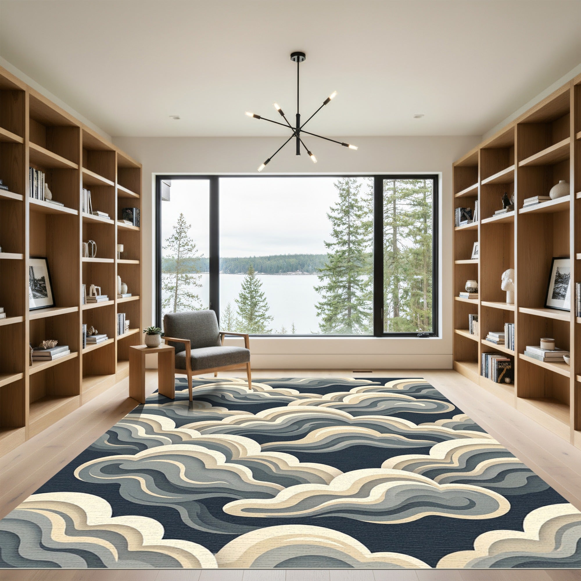 Elegant Layered Cream and Charcoal Clouds Rug