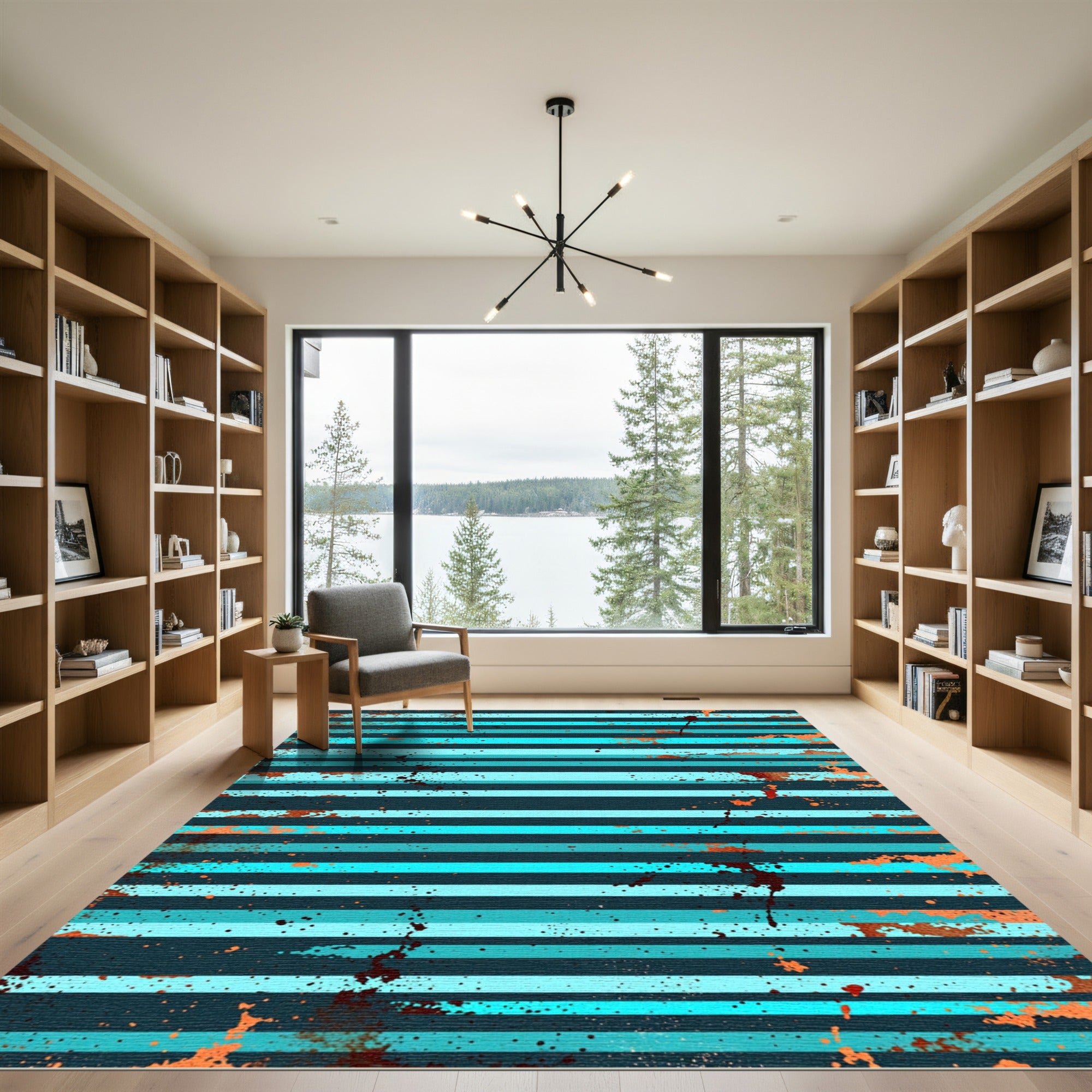 Distressed Turquoise and Copper Horizontal Stripe Rug