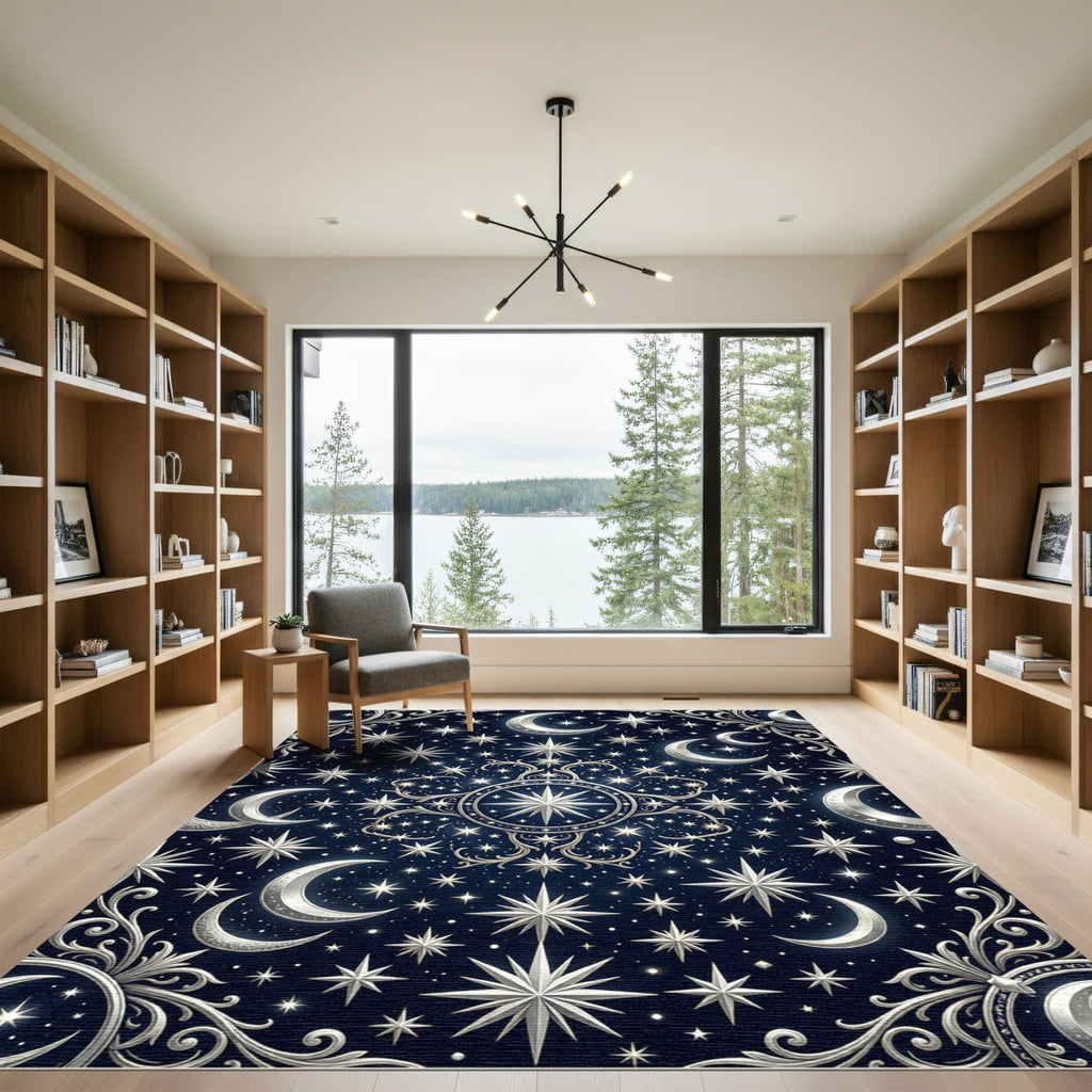 Celestial Silver Moon and Starry Night Rug