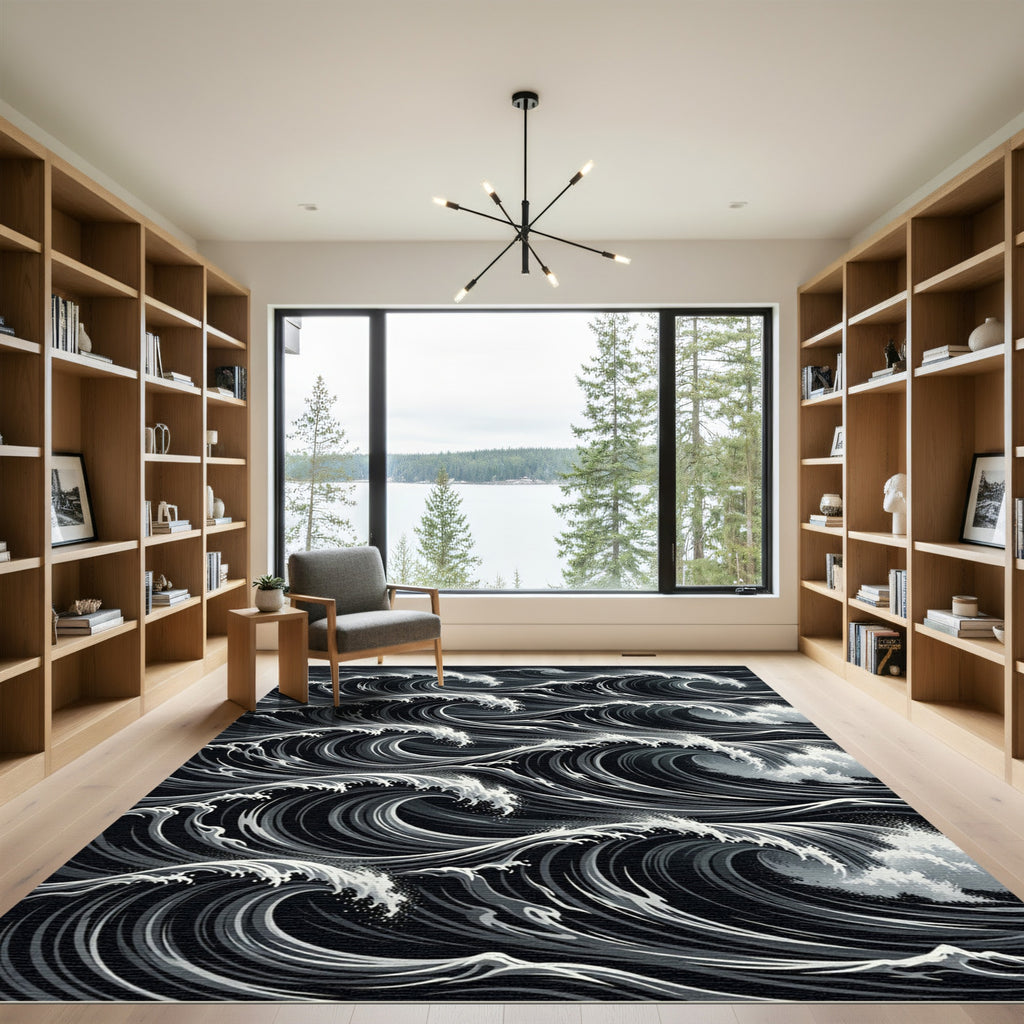 Dramatic Monochrome Swirling Ocean Waves Rug