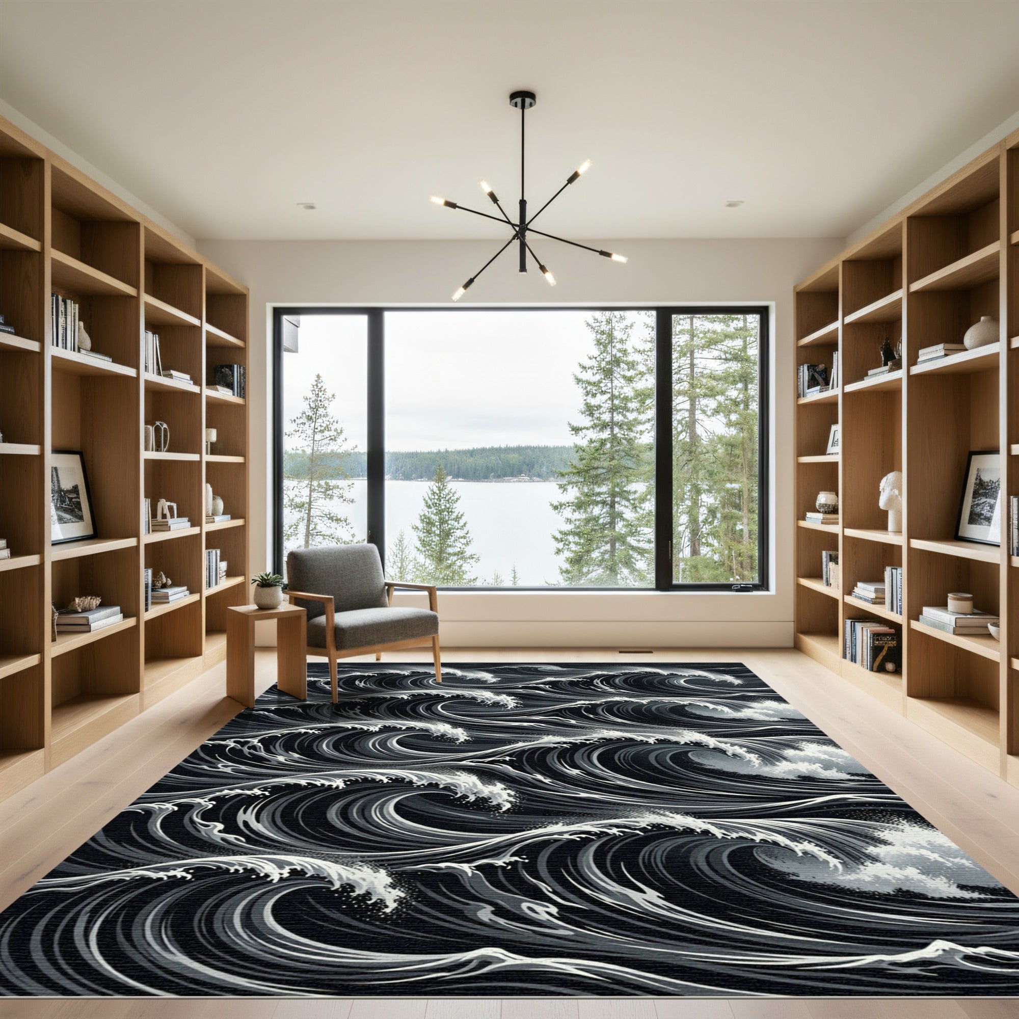 Dramatic Monochrome Swirling Ocean Waves Rug