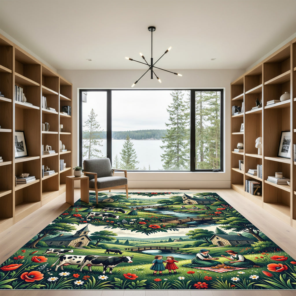 Pastoral Red Poppy Meadow Scene Rug