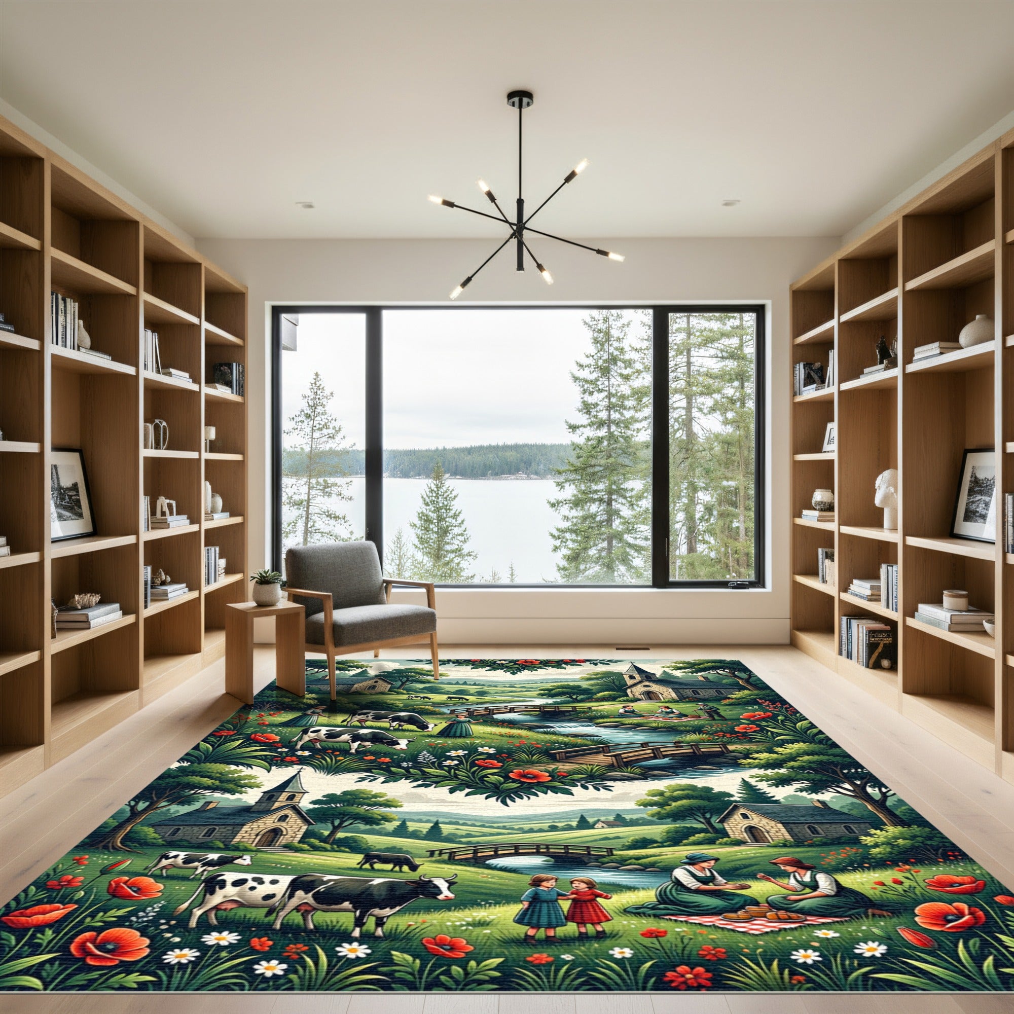 Pastoral Red Poppy Meadow Scene Rug
