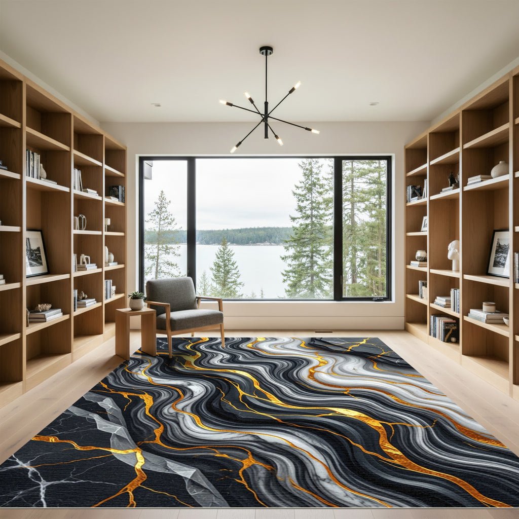 Abstract Black White Marble Gold Swirls Rug