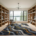Abstract Black White Marble Gold Swirls Rug