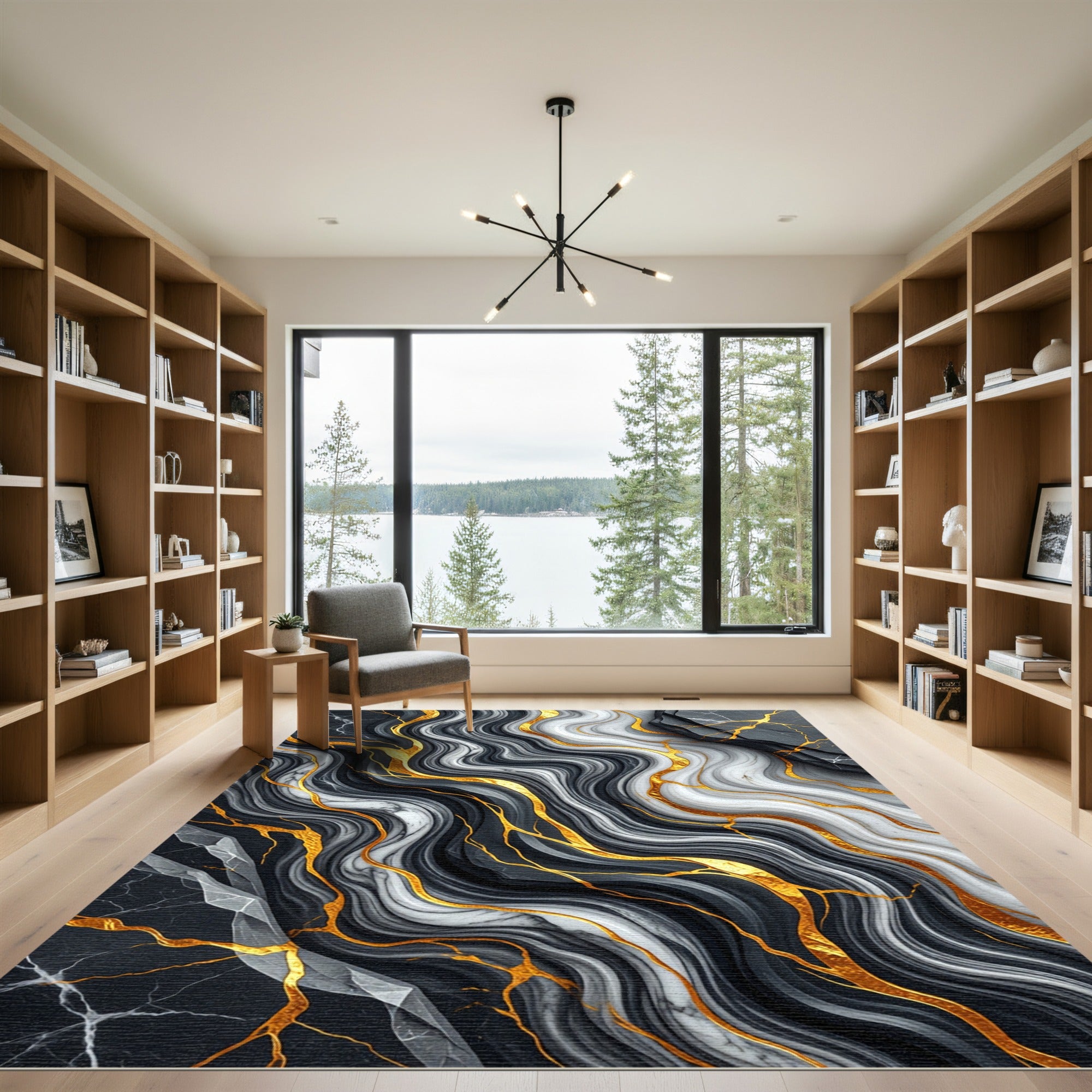 Abstract Black White Marble Gold Swirls Rug