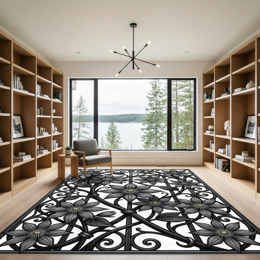 Monochrome Clematis Floral Wrought Iron Art Rug