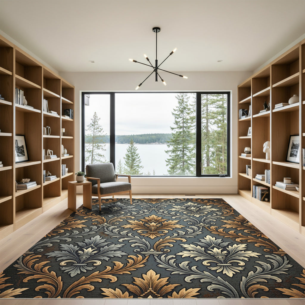 Damask Gold and Slate Scrollwork Rug