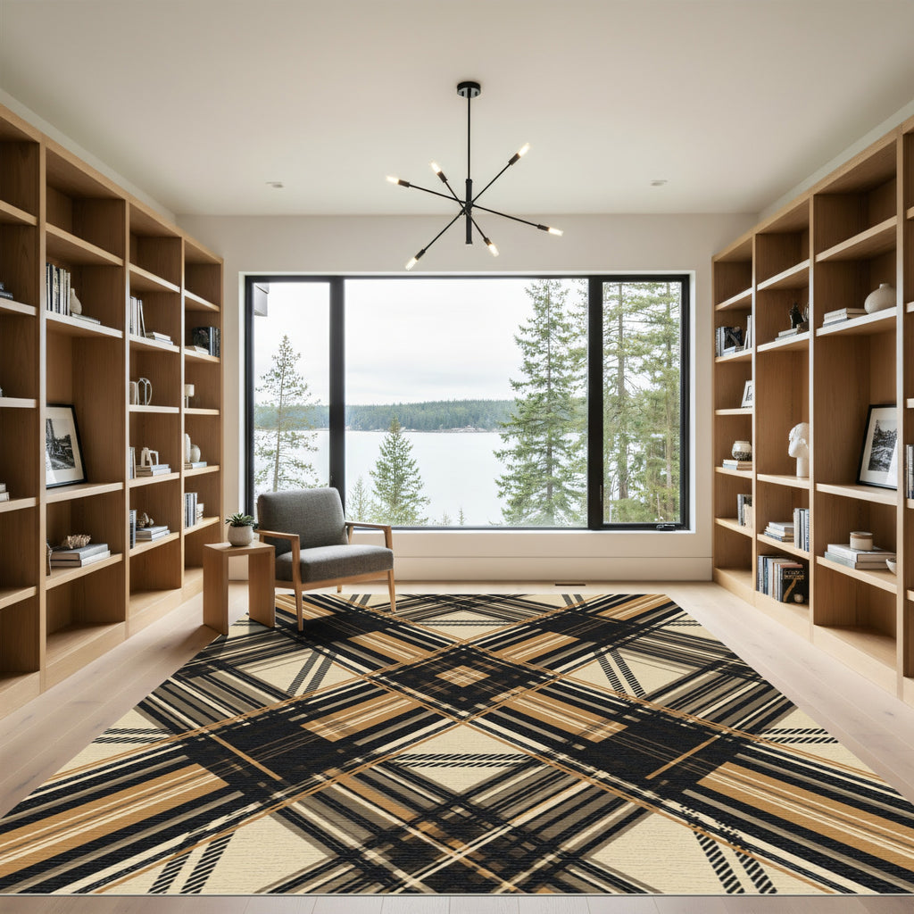Earthy Brown Diagonal Plaid Geometric Rug