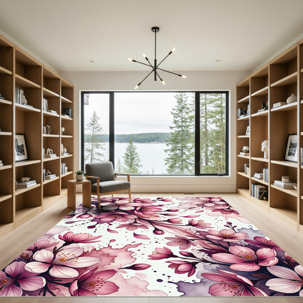 Pink Cherry Blossom Watercolor Splash Rug