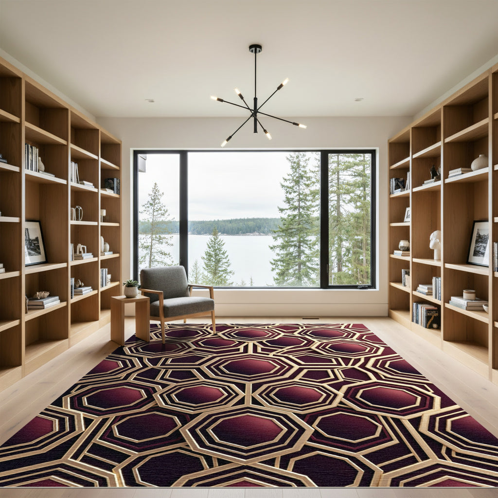 Luxurious Maroon Gold Geometric Octagon Rug