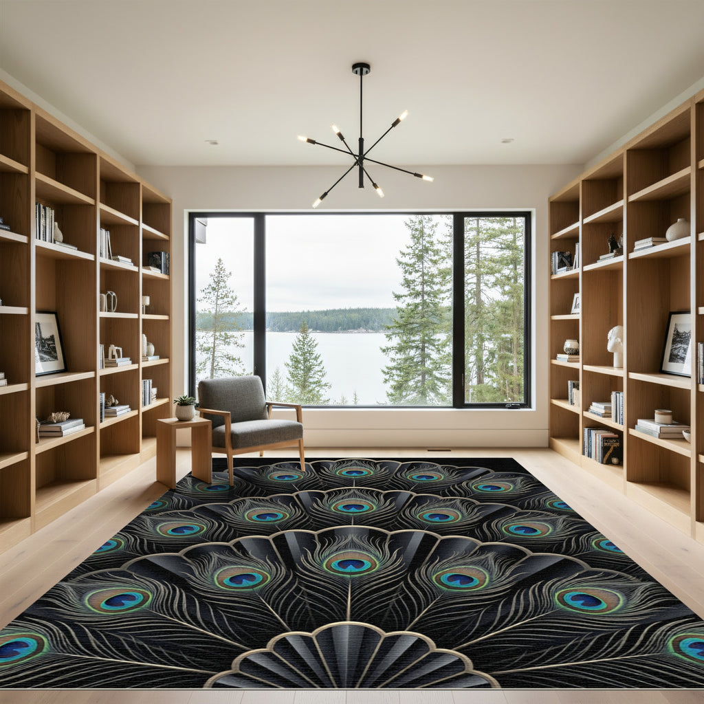 Elegant Black Peacock Feather Fan Rug