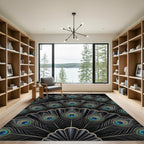 Elegant Black Peacock Feather Fan Rug