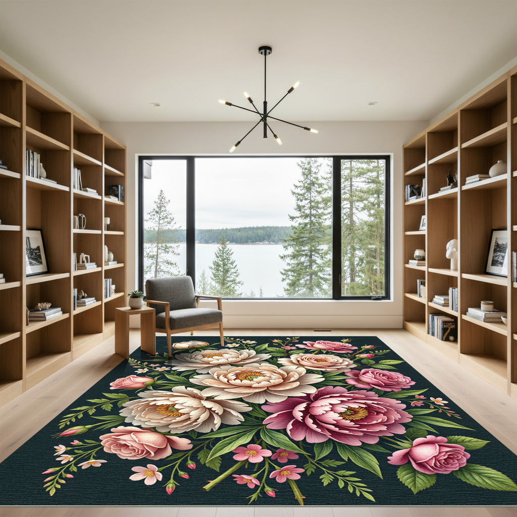 Soft Pink Peony Garden Floral Bouquet Rug