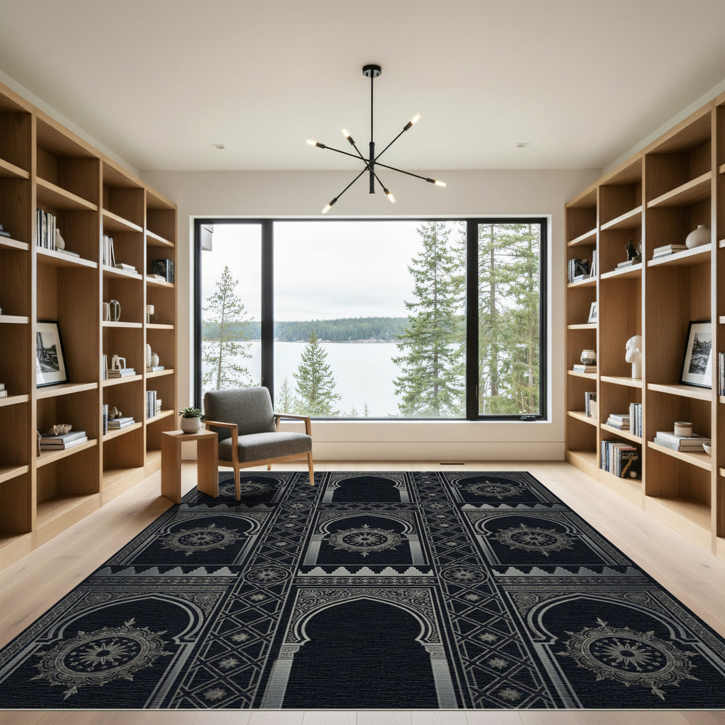 Black Silver Arched Medallion Pattern Rug