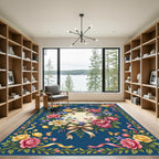 Fuchsia Rose Bouquet Blue Jewel Border Rug
