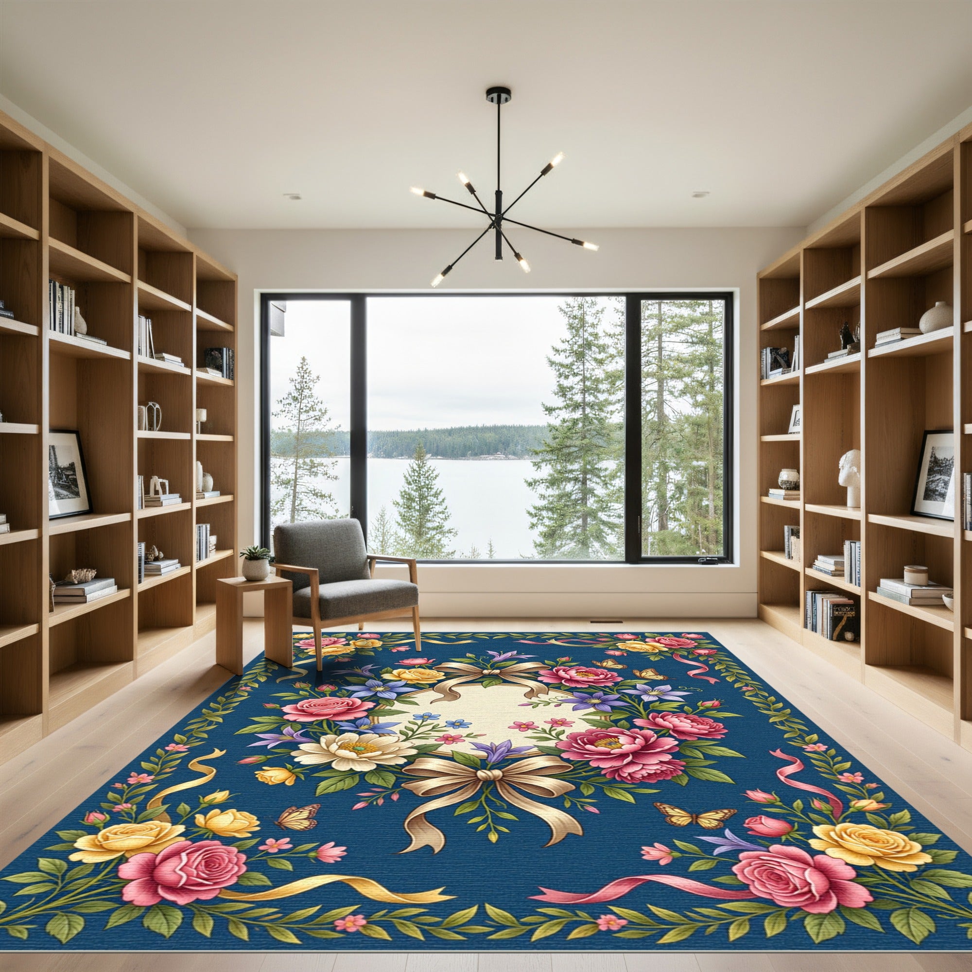 Fuchsia Rose Bouquet Blue Jewel Border Rug