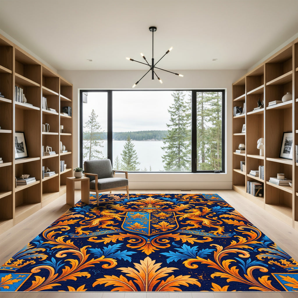 Royal Blue Gold Heraldic Crest Flourish Rug