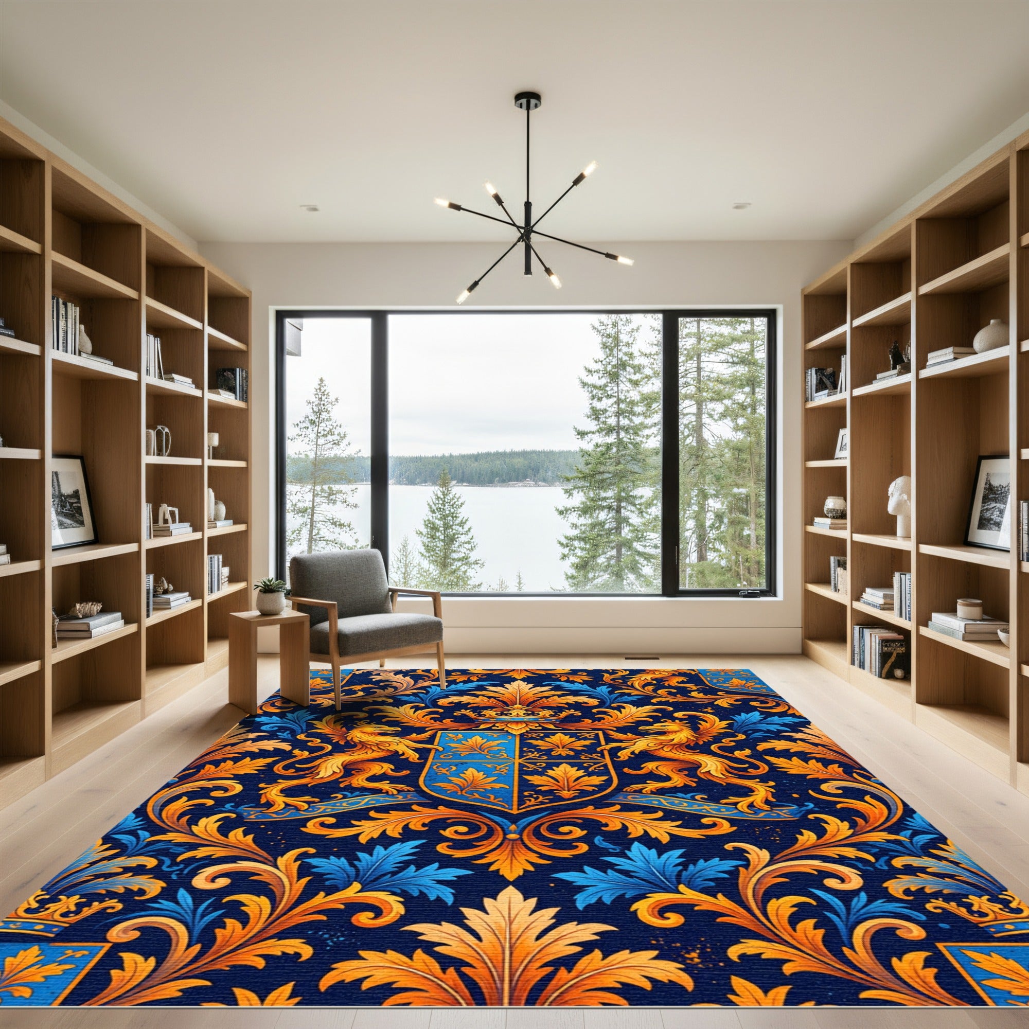 Royal Blue Gold Heraldic Crest Flourish Rug