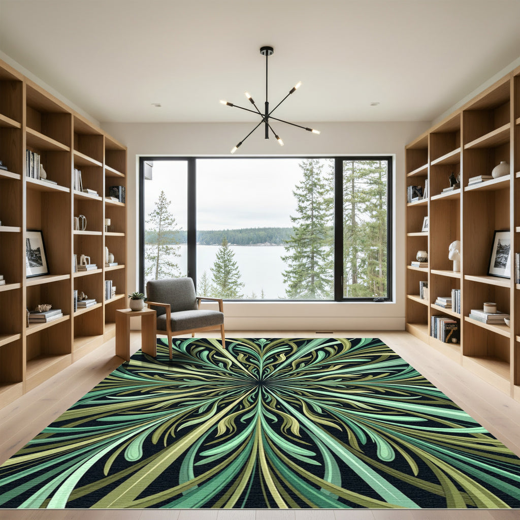 Radiating Greens And Blues Art Nouveau Rug