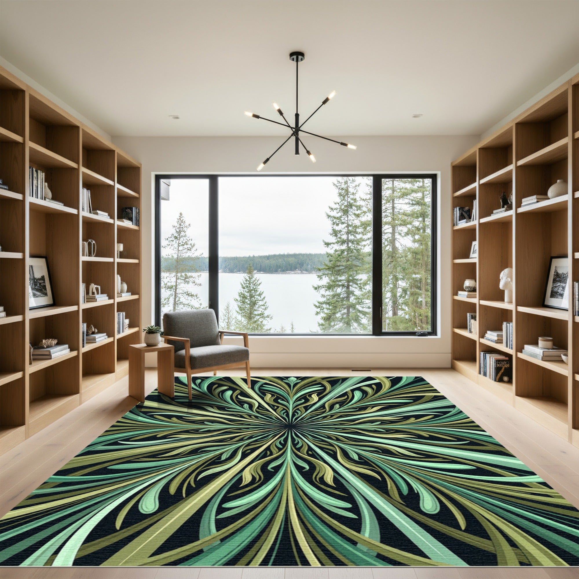 Radiating Greens And Blues Art Nouveau Rug
